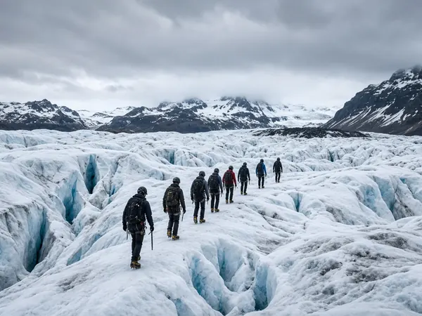 A line of hikers with crampons and ice axes crossing a crevassed glacier