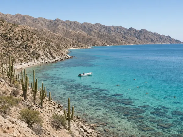 A remote desert bay with cactus-covered hills, a turquoise reef, a small boat and a few distant snorkelers