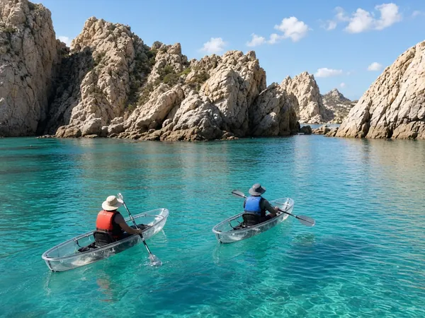 Two people in clear glass-bottom kayaks paddling on turquoise water beside granite rock formations