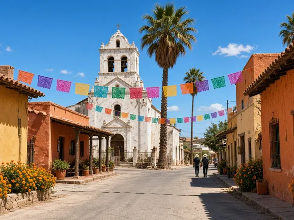 A colorful street in a small Mexican town with a white mission church, papel picado banners and marigolds